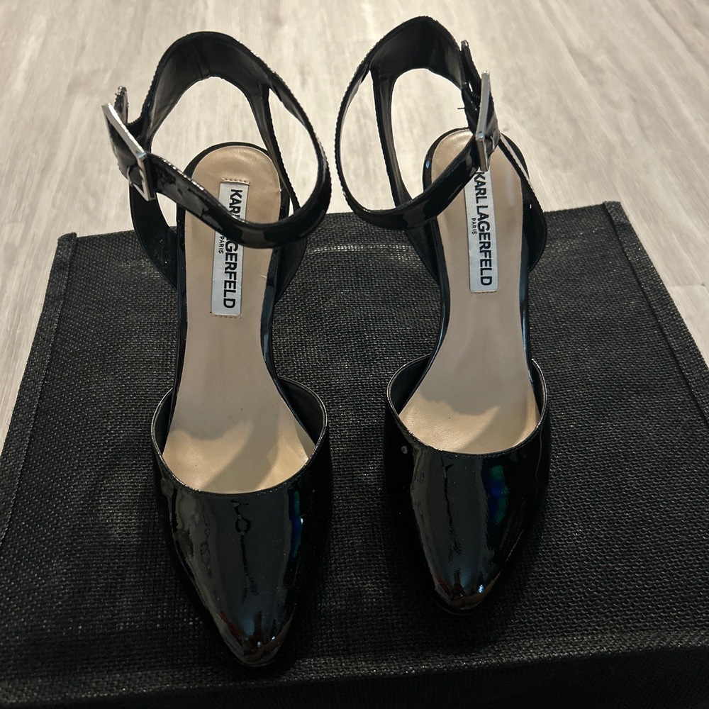 Karl Lagerfeld Black Patent Leather Ankle Strap Heels